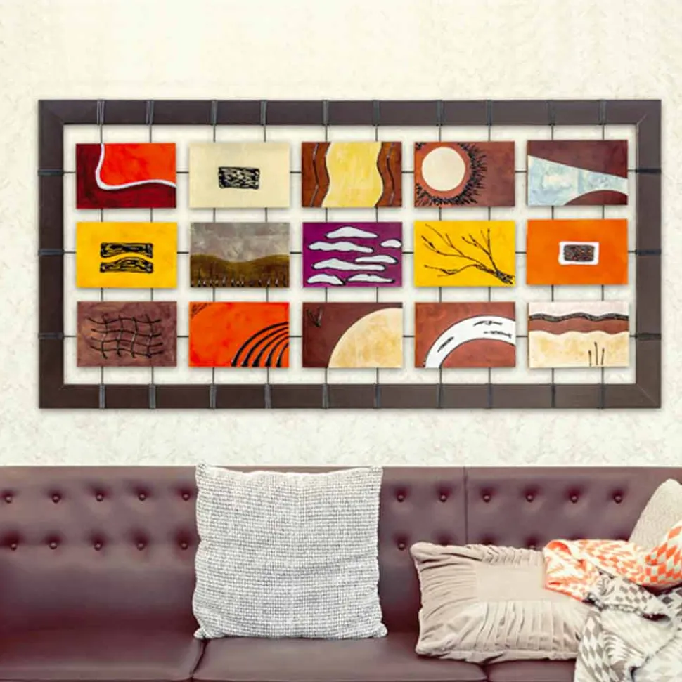 Quadro moderno completo di pannelli a rilievo sospesi su corde Wise