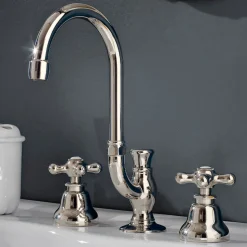 Rubinetto Lavabo Bagno 3 Fori in Ottone Bocca Alta con Scarico - Ercolina