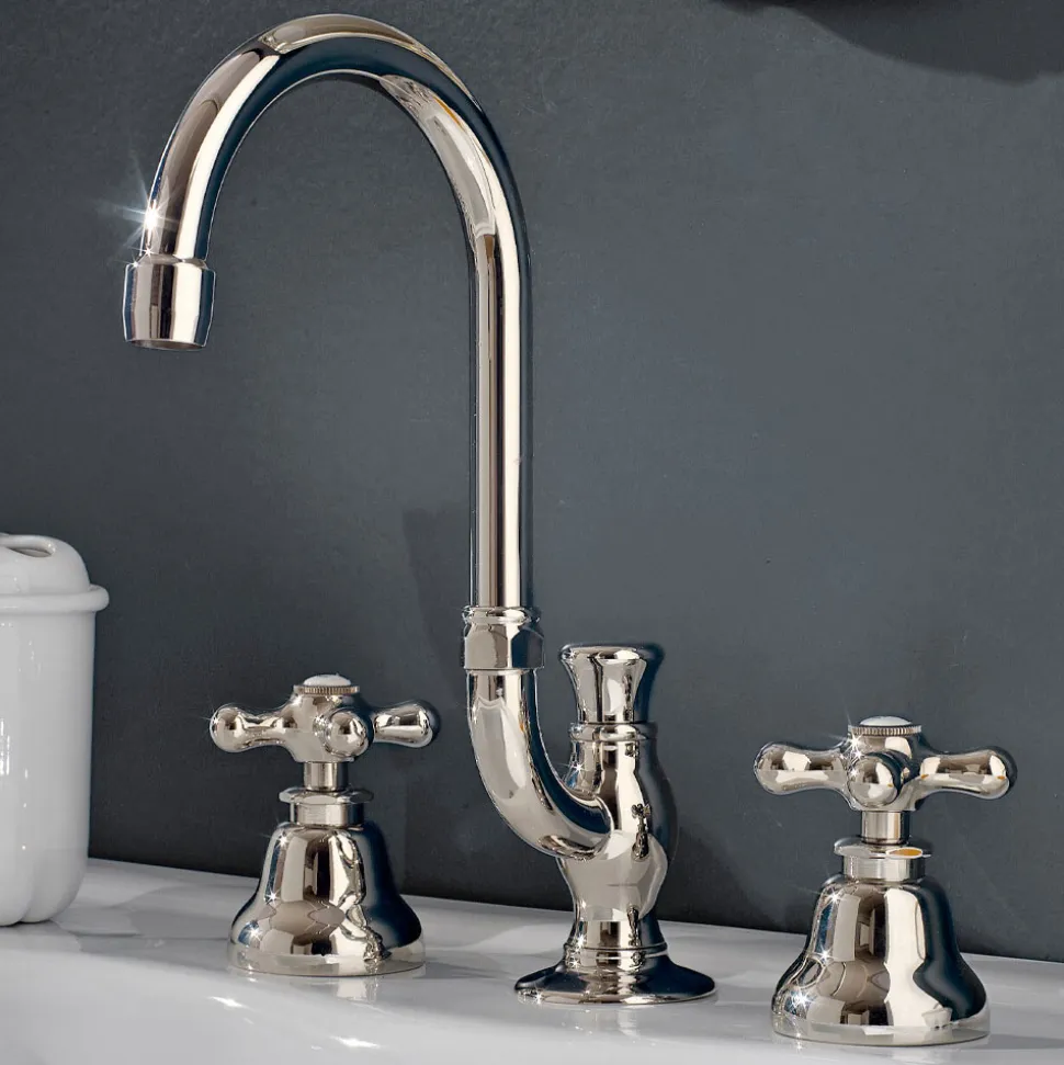 Rubinetto Lavabo Bagno 3 Fori in Ottone Bocca Alta con Scarico - Ercolina