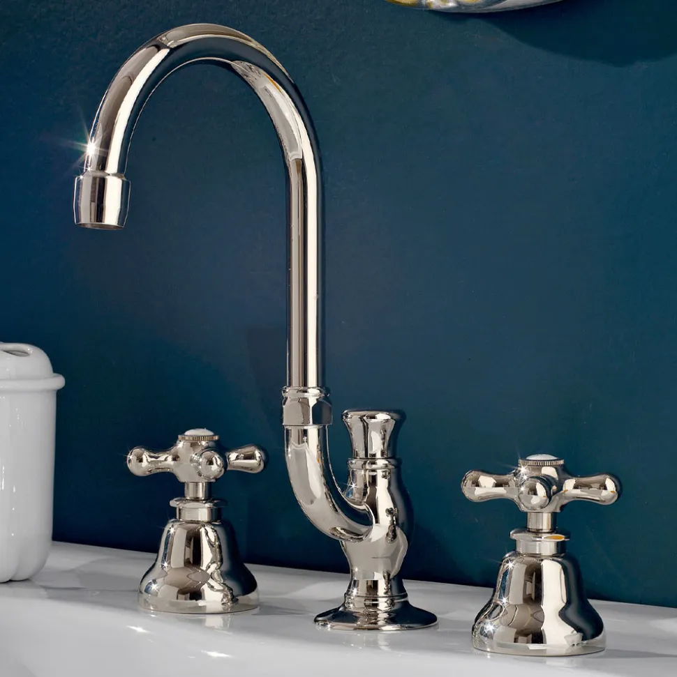Rubinetto Lavabo Bagno 3 Fori in Ottone Bocca Alta con Scarico - Ercolina