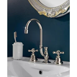 Rubinetto Lavabo Bagno 3 Fori in Ottone Bocca Alta con Scarico - Ercolina