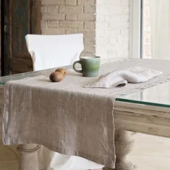 Runner in Lino Beige con Bordo con Piega Lusso Artigianale Italiano - Limao