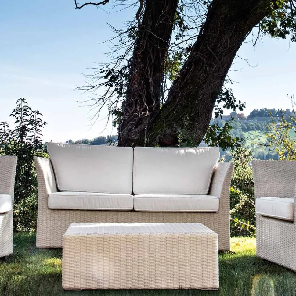 Salotto da Giardino in Polyrattan Marca REHAU e Cuscini Bianchi - Pepe