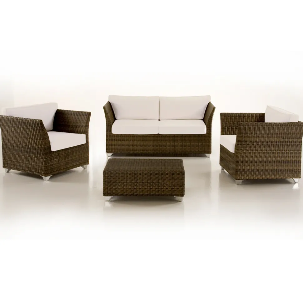 Salotto da Giardino in Polyrattan Marca REHAU e Cuscini Bianchi - Pepe