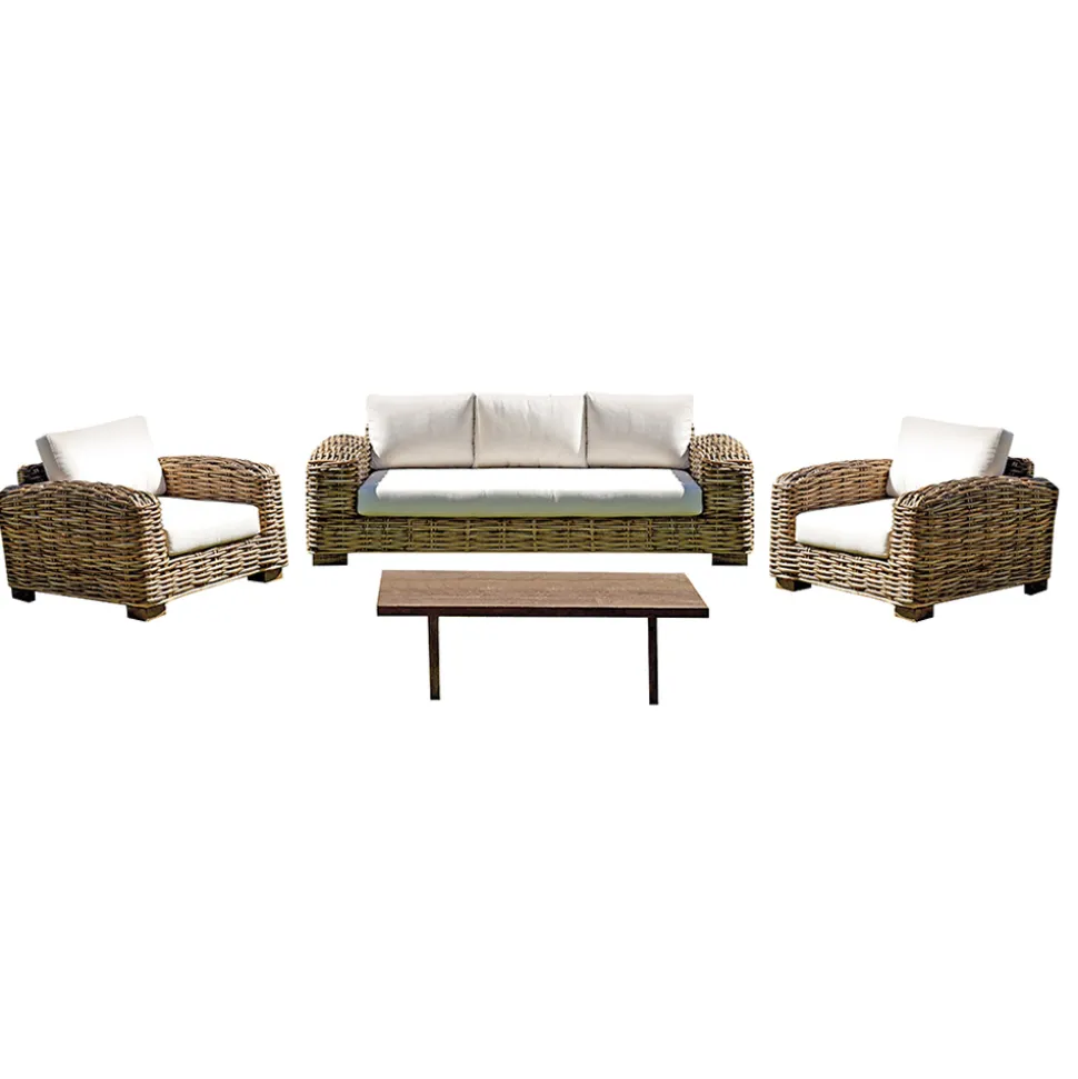 Salotto da Giardino in Rattan con Tavolino in Legno e Cuscini - Hugues
