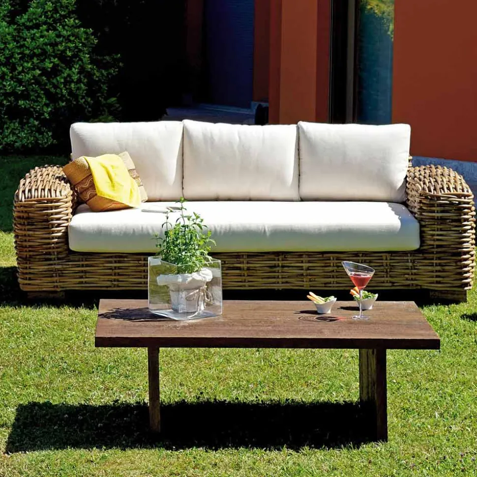 Salotto da Giardino in Rattan con Tavolino in Legno e Cuscini - Hugues
