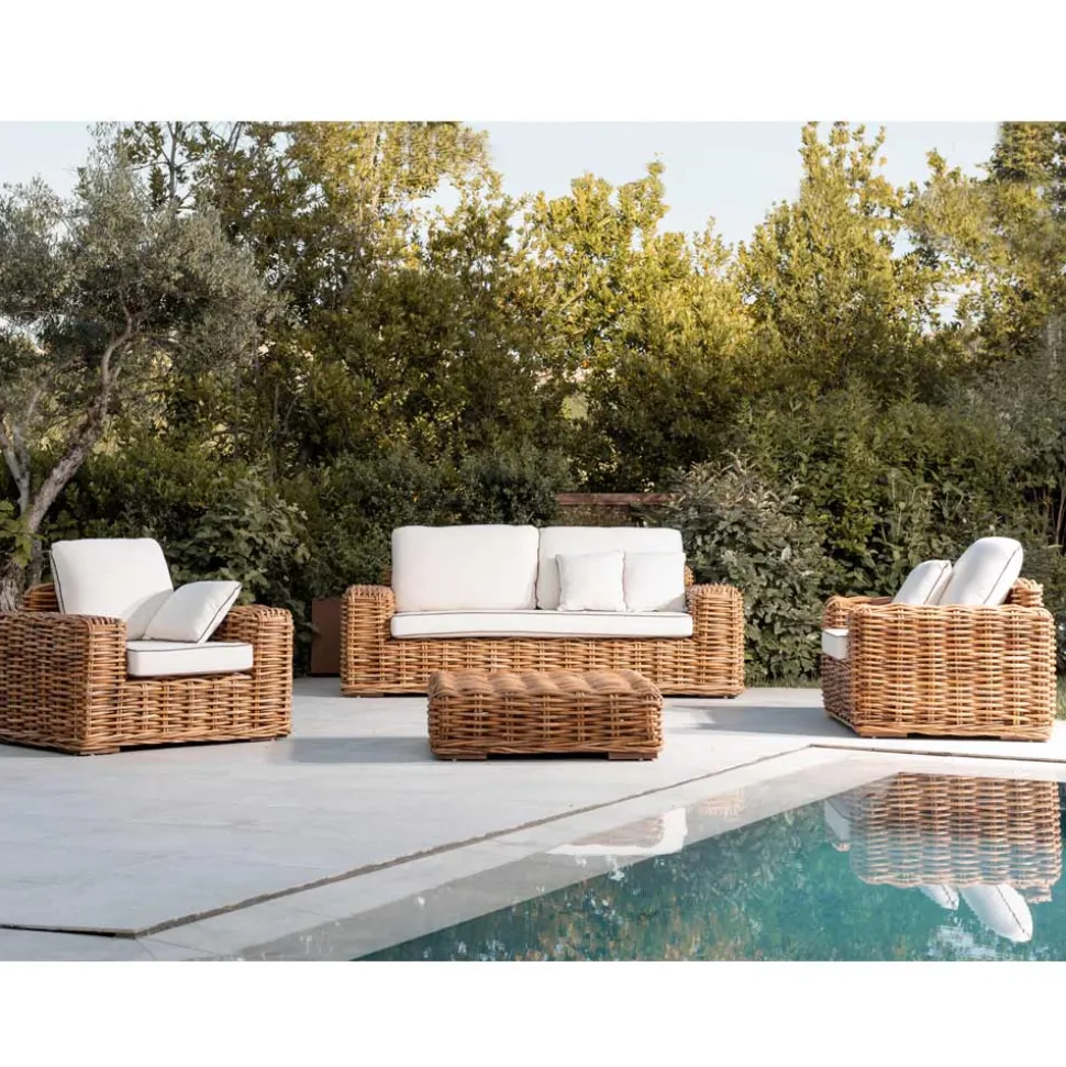 Salotto Outdoor in Rattan Naturale, Cuscini Inclusi, – Keira