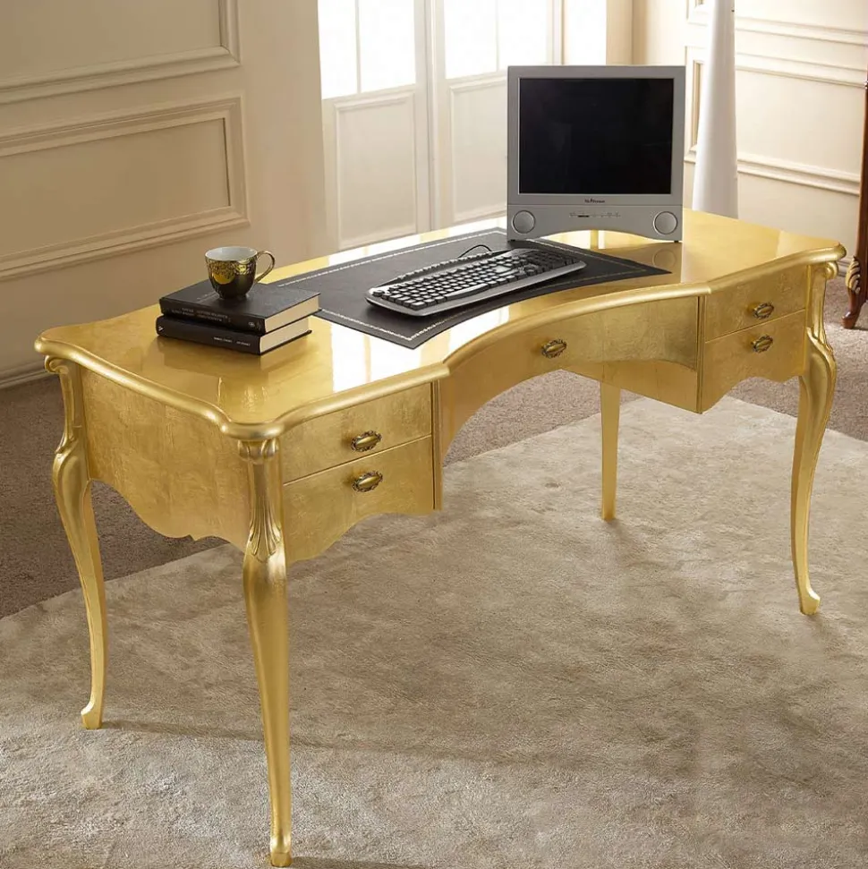 Scrivania Classica 5 Cassetti in Legno e Ecopelle Made in Italy - Commodo