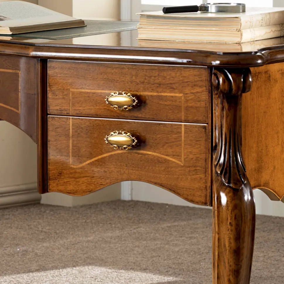 Scrivania Classica 5 Cassetti in Legno e Ecopelle Made in Italy - Commodo