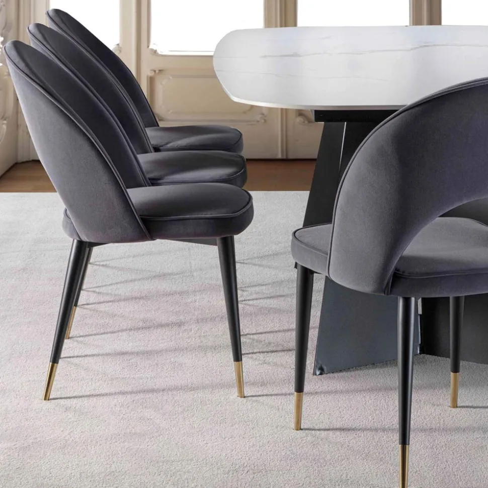 Sedia in Velluto con Gambe in Metallo Nero e Ottone Satinato, 4 Pezzi - Sibea