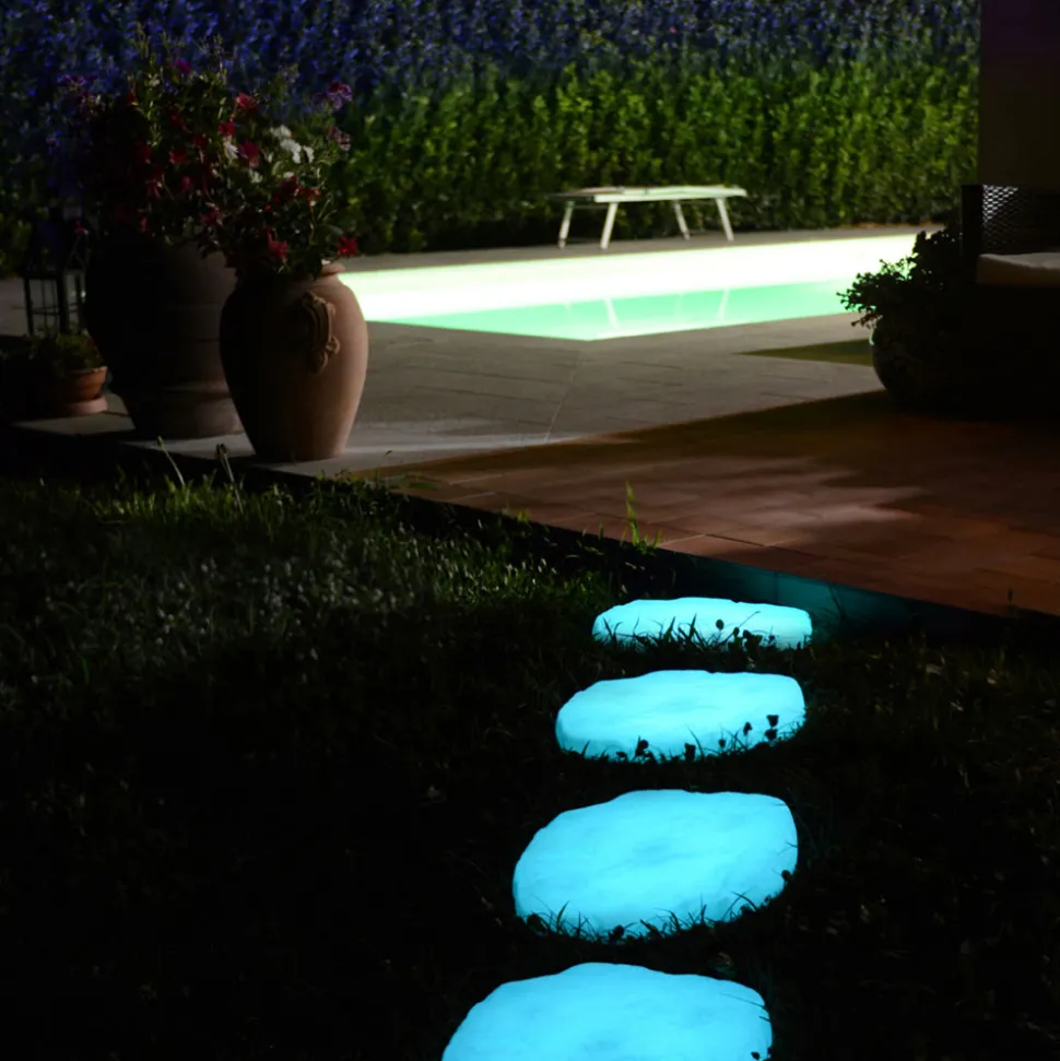 Segnapassi da Giardino a Forma di Sasso Fluo Bianco o Blu 4 Pezzi - Sasso