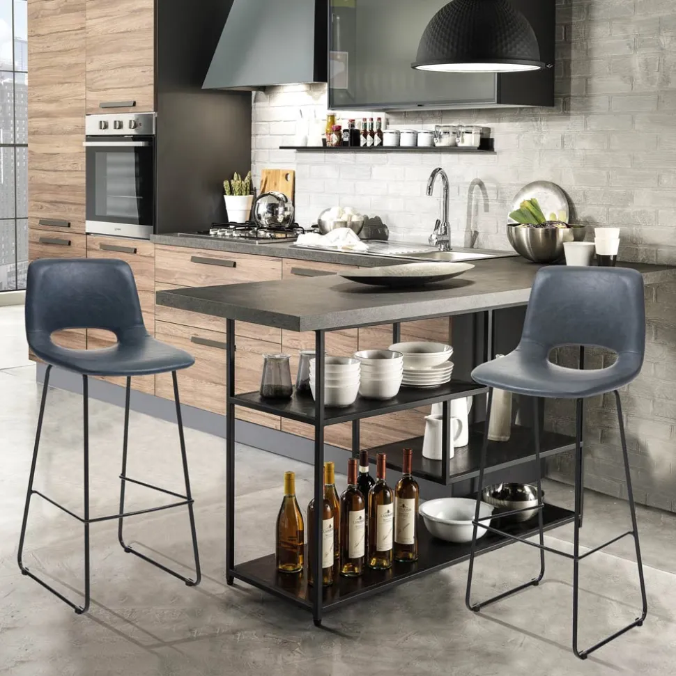 Sgabello Alto da Cucina in Pelle Sintetica e Metallo Nero 2 Pezzi - Yuri