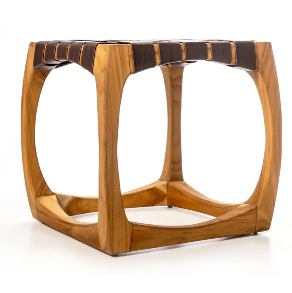 Sgabello da Bagno di Design Realizzato in Teak con Seduta Intrecciata - Yucca