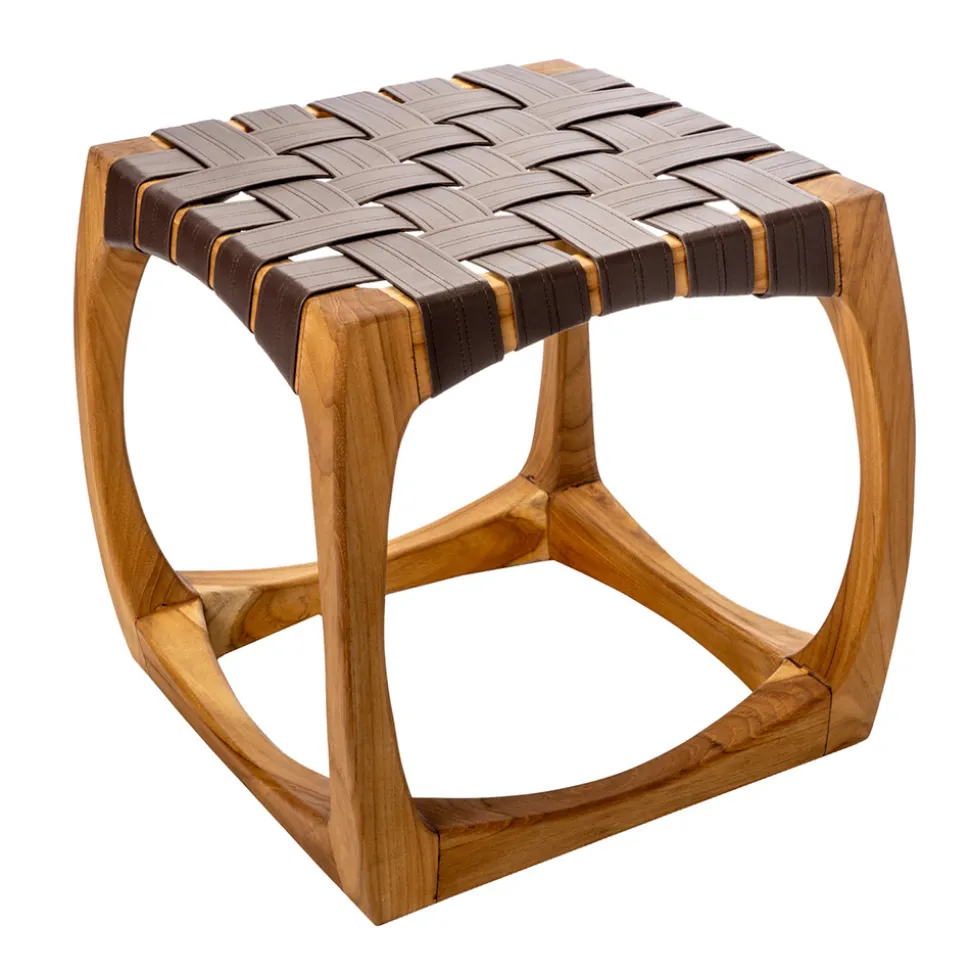 Sgabello da Bagno di Design Realizzato in Teak con Seduta Intrecciata - Yucca
