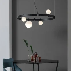 Sospensione di Design Ovale in Alluminio Nero con Sfere e Faretti - Esodo