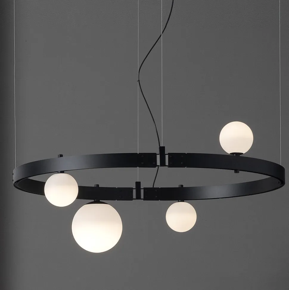 Sospensione di Design Ovale in Alluminio Nero con Sfere e Faretti - Esodo