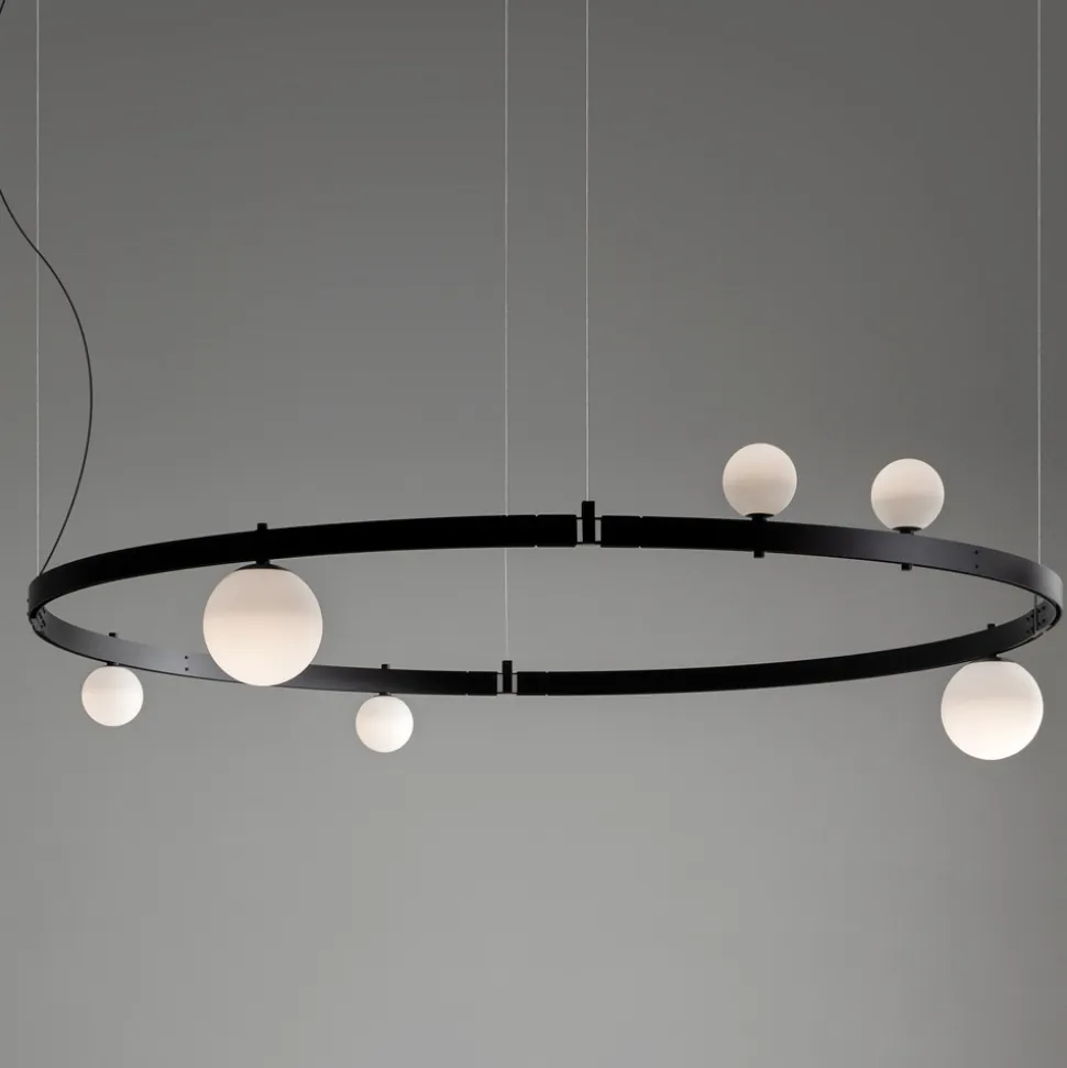 Sospensione di Design Tondo in Alluminio Nero con Sfere e Faretti - Esodo