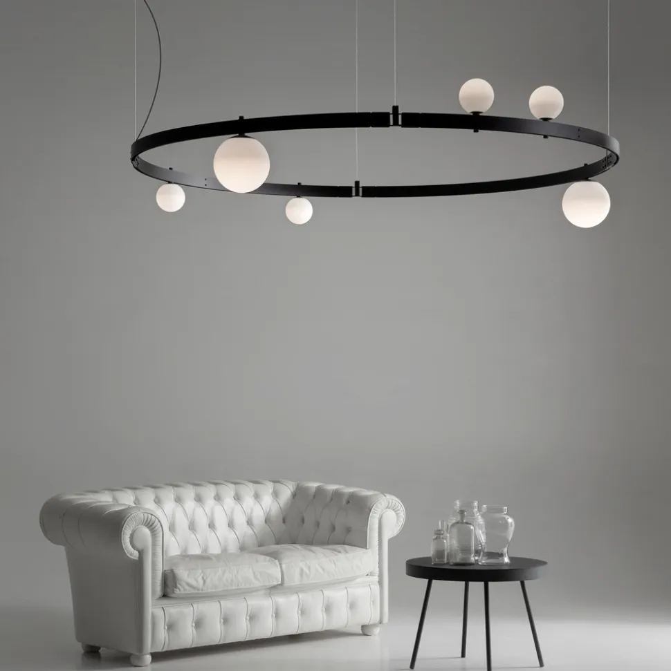 Sospensione di Design Tondo in Alluminio Nero con Sfere e Faretti - Esodo