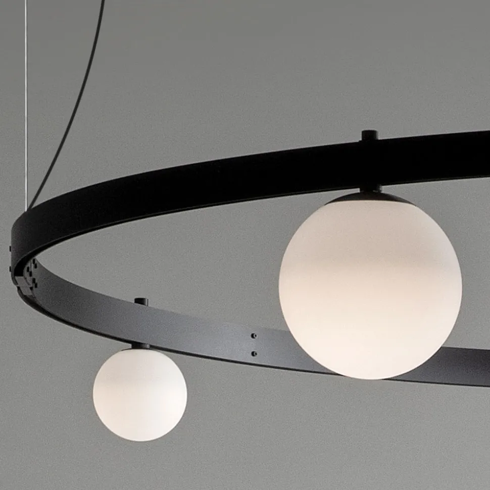 Sospensione di Design Tondo in Alluminio Nero con Sfere e Faretti - Esodo