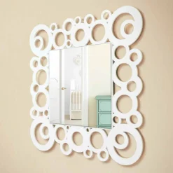 Specchiera a Muro Quadrata Bianca Design Moderno con Decori in Legno - Bubble