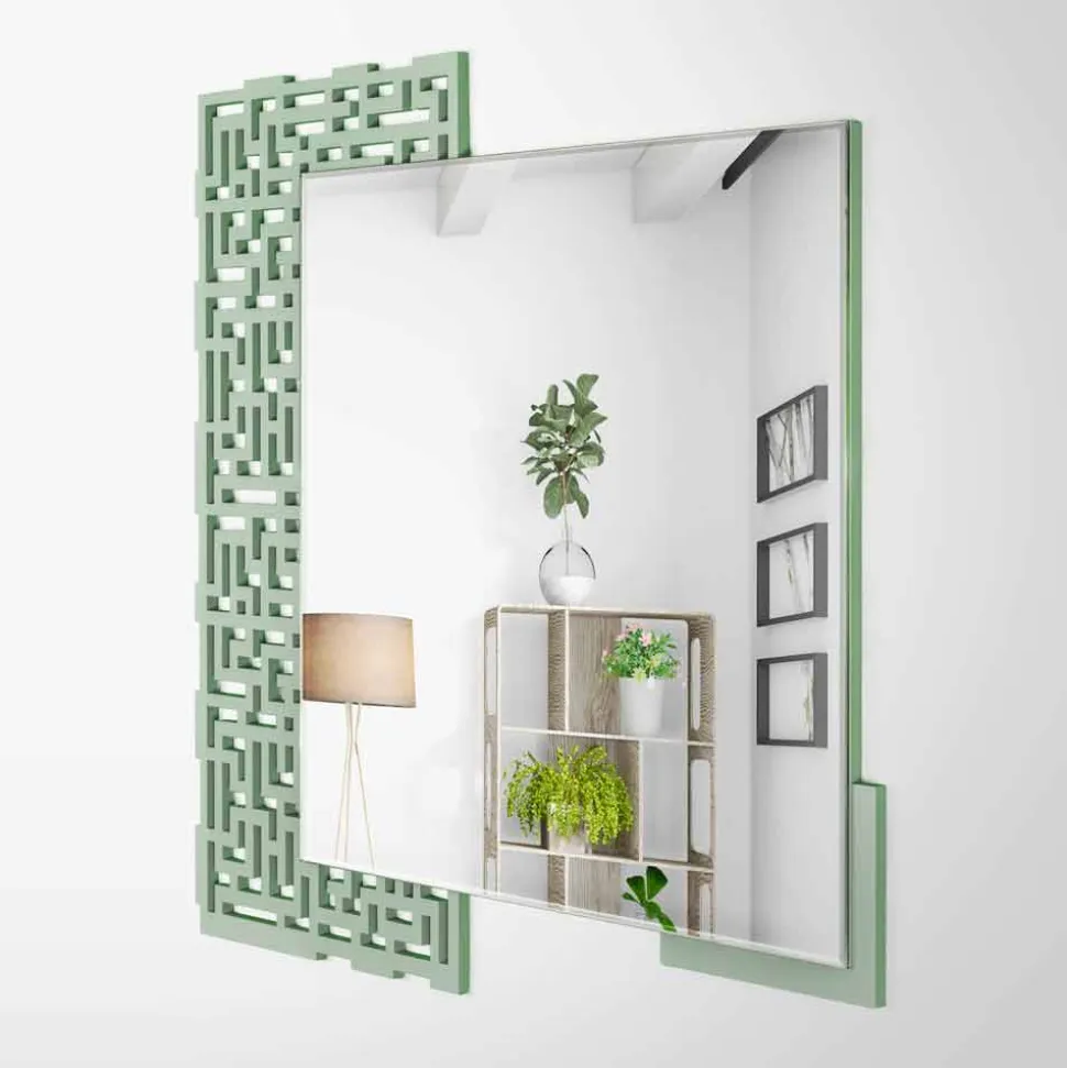 Specchio a Muro Design Quadrato Moderno in Legno Verde Decorato - Labirinto