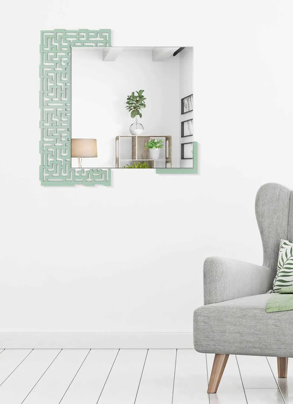 Specchio a Muro Design Quadrato Moderno in Legno Verde Decorato - Labirinto