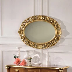 Specchio Ovale Cornice Legno Traforato Foglia Oro Made in Italy - Florence