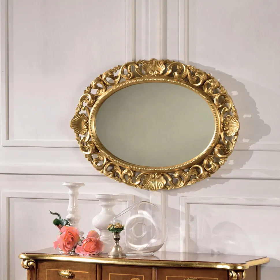 Specchio Ovale Cornice Legno Traforato Foglia Oro Made in Italy - Florence