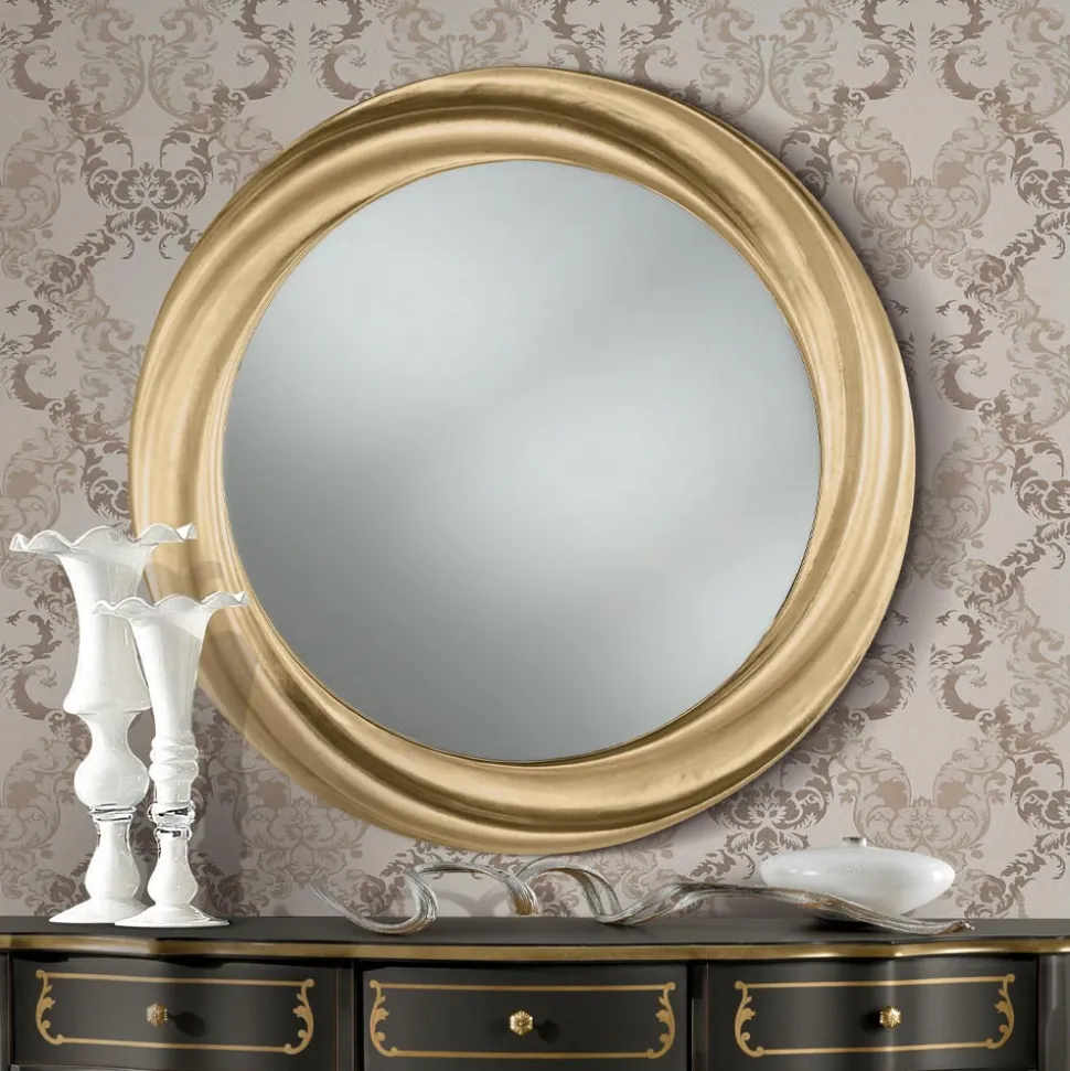 Specchio Rotondo con Cornice in Legno Oro di Lusso Made in italy - Adelin