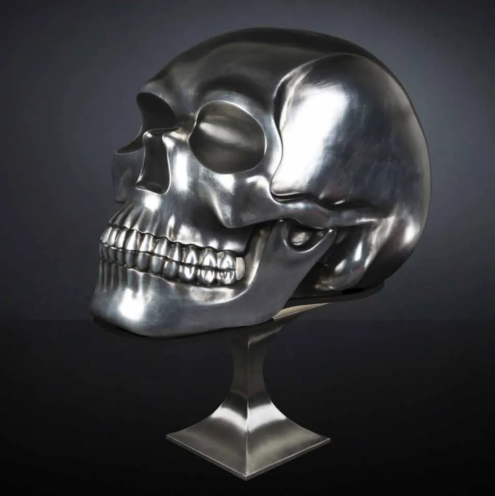 Statua a Forma di Teschio in Ceramica Argentata Realizzata in Italia - Skull