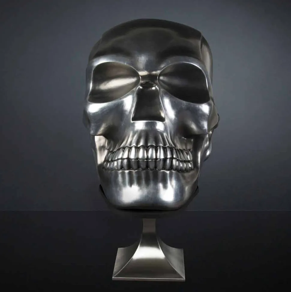 Statua a Forma di Teschio in Ceramica Argentata Realizzata in Italia - Skull