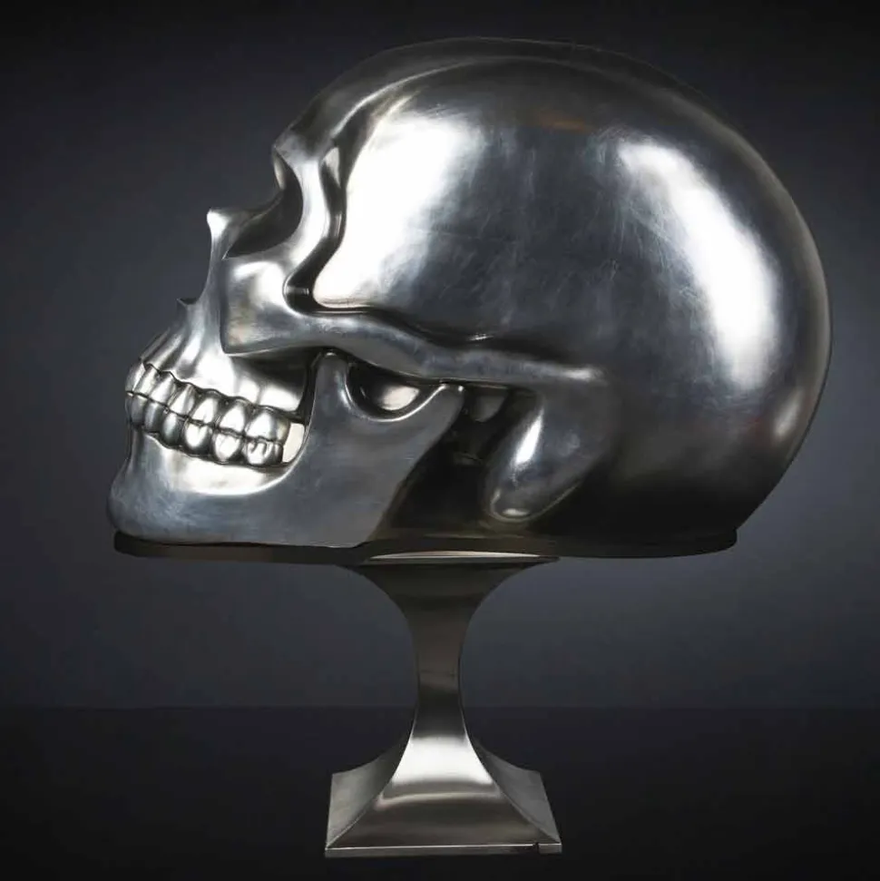 Statua a Forma di Teschio in Ceramica Argentata Realizzata in Italia - Skull