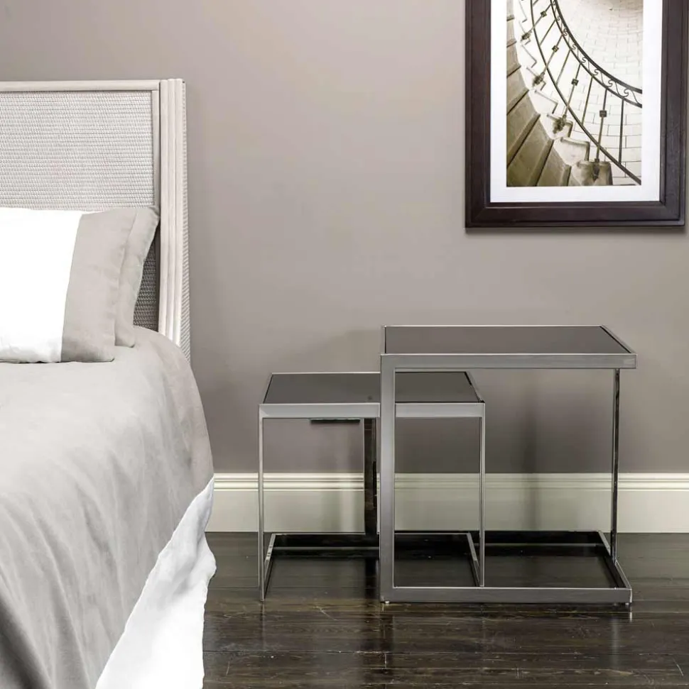 2 tavolini design moderno in acciaio con piano in vetro Bubbi