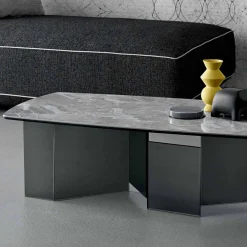 Tavolino Basso Salotto Piano in Ceramica e Gambe in Vetro Fumè 3 Misure - Random