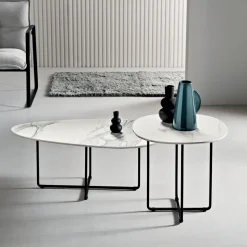 Tavolino con Base in Metallo e Piano in Specchio e Ceramica Effetto Marmo - Gisella