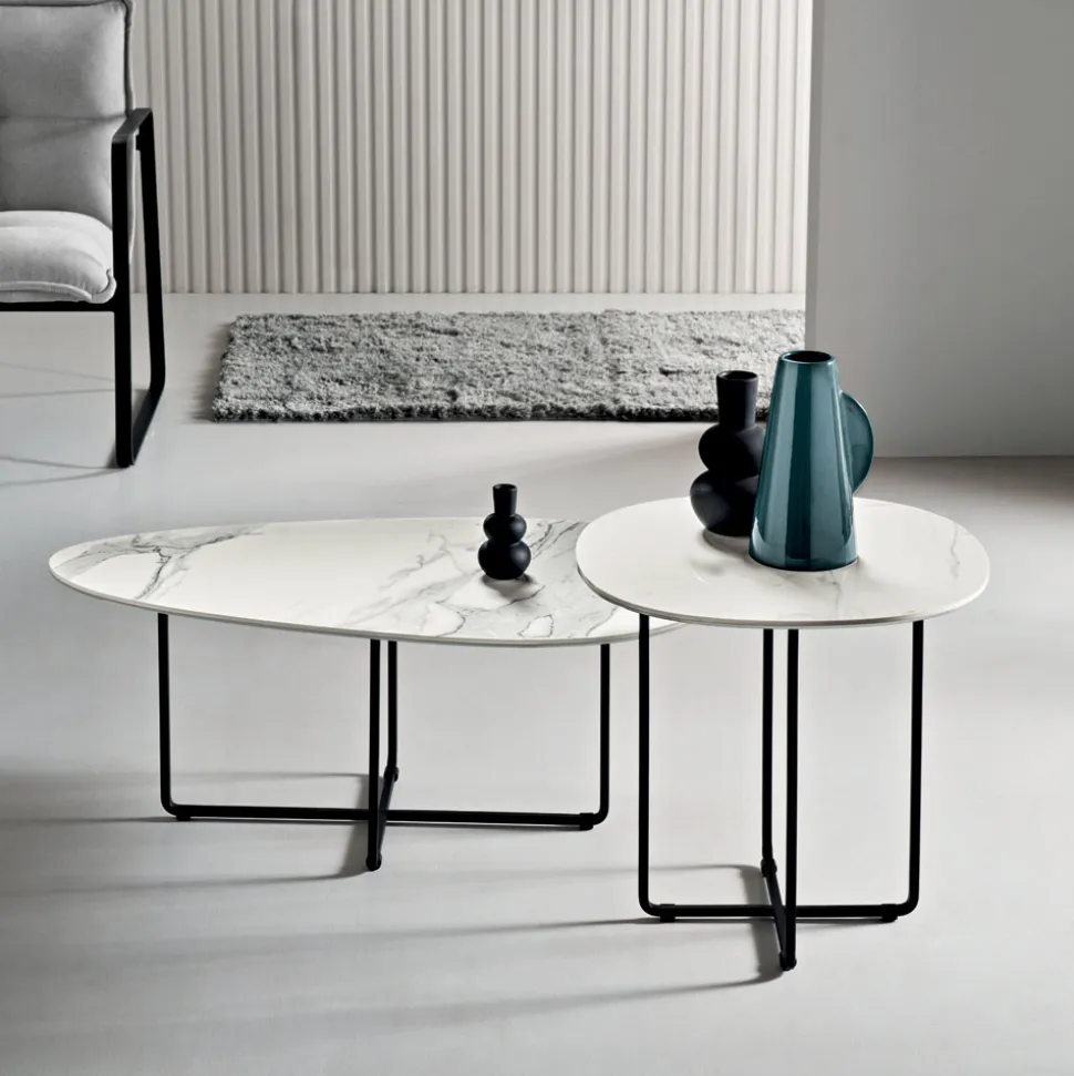 Tavolino con Base in Metallo e Piano in Specchio e Ceramica Effetto Marmo - Gisella