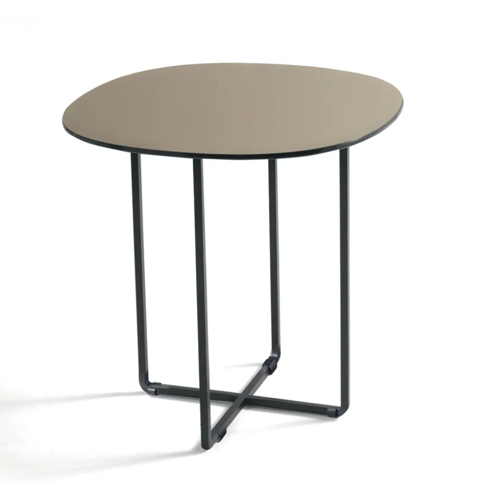 Tavolino con Base in Metallo e Piano in Specchio e Ceramica Effetto Marmo - Gisella
