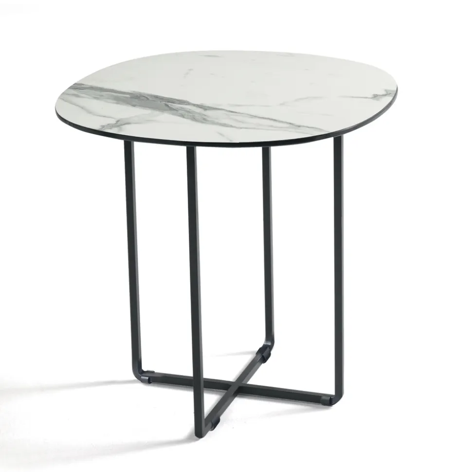 Tavolino con Base in Metallo e Piano in Specchio e Ceramica Effetto Marmo - Gisella