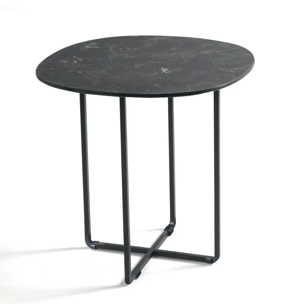 Tavolino con Base in Metallo e Piano in Specchio e Ceramica Effetto Marmo - Gisella