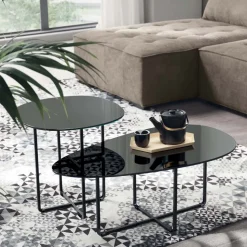 Tavolino con Base in Metallo e Piano in Specchio e Ceramica Effetto Marmo - Gisella