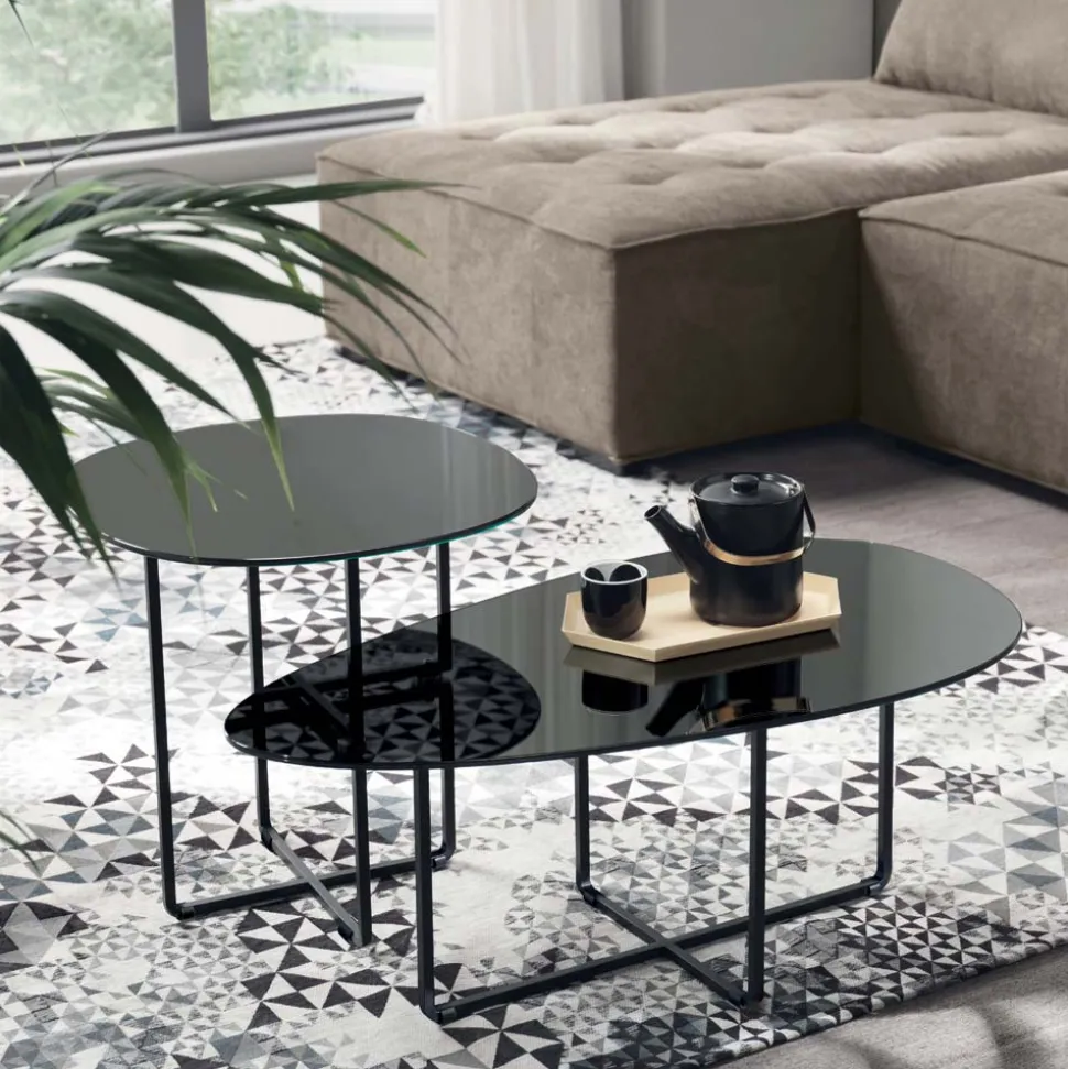 Tavolino con Base in Metallo e Piano in Specchio e Ceramica Effetto Marmo - Gisella