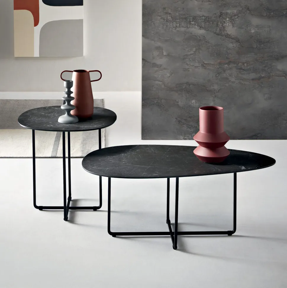 Tavolino con Base in Metallo e Piano in Specchio e Ceramica Effetto Marmo - Gisella