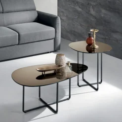 Tavolino con Base in Metallo e Piano in Specchio e Ceramica Effetto Marmo - Gisella