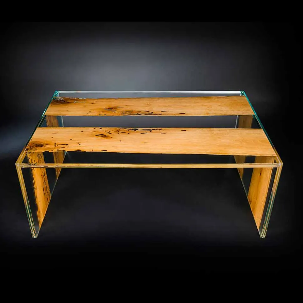 Tavolino da caffè in legno di Briccola veneziana e vetro 120 cm
