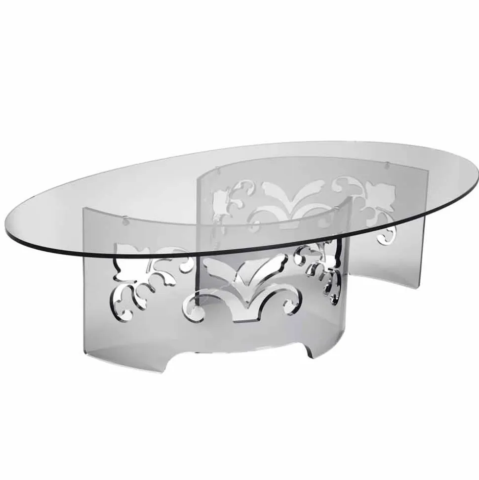 Tavolino da Caffè in Plexiglass Fumè o Trasparente con Base Decorata - Crasso