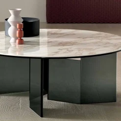 Tavolino da Caffè Tondo con Piano in Ceramica e Gambe in Vetro Fumè - Random
