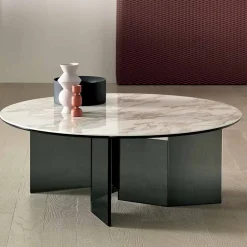 Tavolino da Caffè Tondo con Piano in Ceramica e Gambe in Vetro Fumè - Random