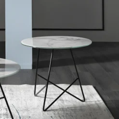 Tavolino da Caffè Tondo in Metallo e Vetro Effetto Marmo di Lusso- Magali