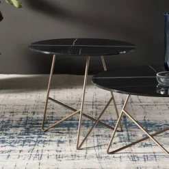 Tavolino da Caffè Tondo in Metallo e Vetro Effetto Marmo di Lusso- Magali