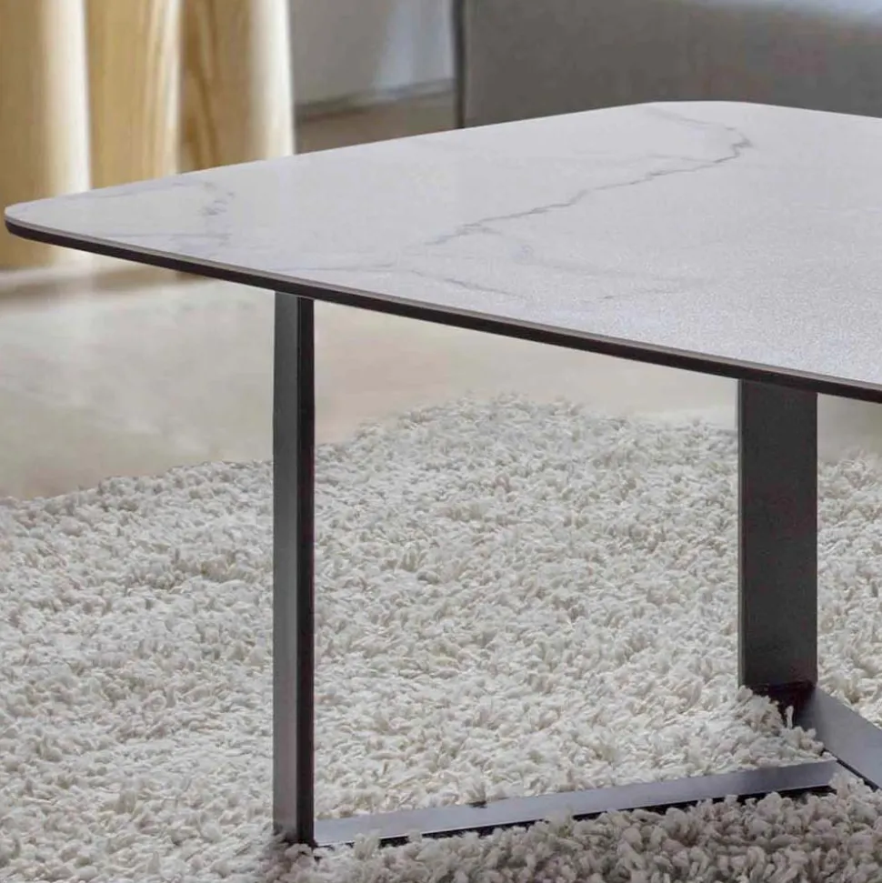 Tavolino da Salotto in Vetro Ceramica con Base in Metallo Verniciato - Camilo
